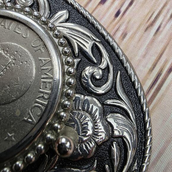 Vintage USA Bicentennial Eisenhower Dollar Belt Buckle Liberty Bell Western Silv - Picture 4 of 12